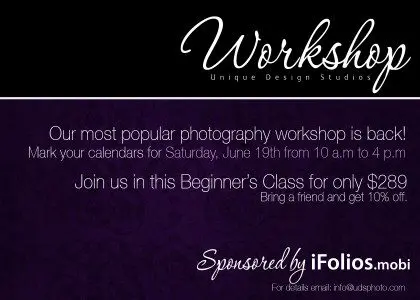 Promotional flyer for a photography workshop by unique design studios on june 19th, featuring event details, date, time, and sponsorship information.