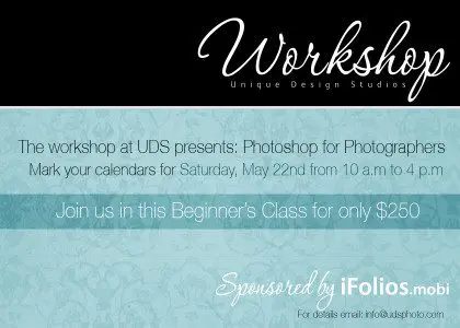 An advertisement for a photoshop workshop at uds on may 22nd, 10 a.m. to 4 p.m., charging $250 per beginner, sponsored by ifolios.mobi.