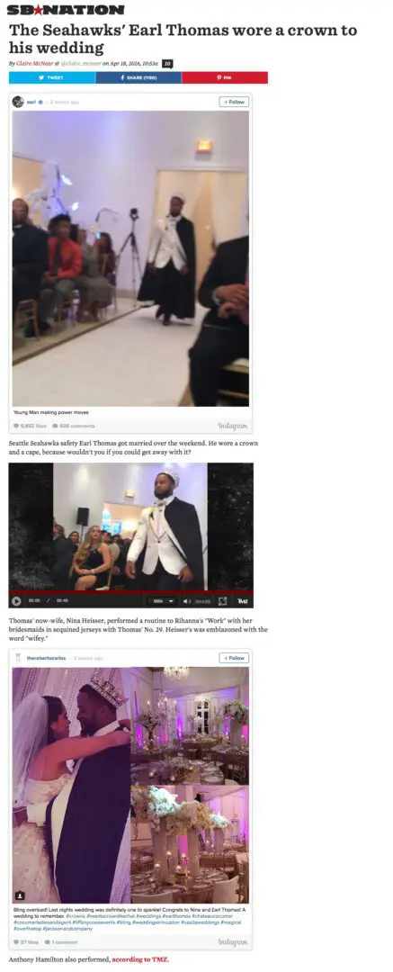 The Seahawks' Earl Thomas wore a crown to his wedding