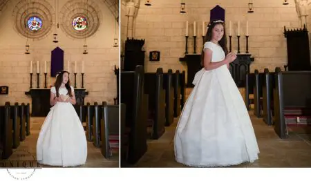 Girl in white dress standing in a church.