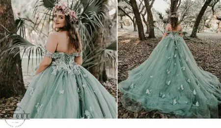 Woman in a green butterfly dress.