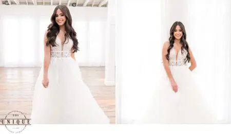 Woman in a white wedding dress smiling.