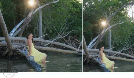 Woman in yellow dress sits on fallen tree.