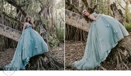 Woman in blue dress with butterflies on tree.