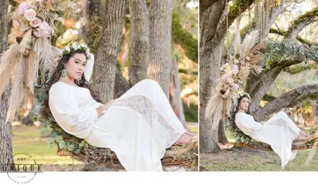 Woman in white dress on a swing.