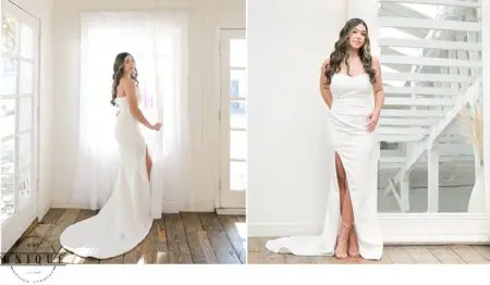 Bride in white dress poses in white room.