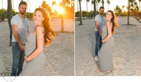 Pregnant couple on the beach at sunset.