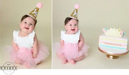 Baby girl in a pink tutu and party hat.