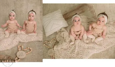 Twin babies in matching outfits, 6 months old.