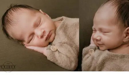 Sleeping newborn baby in a brown outfit.
