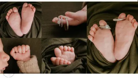 Newborn baby feet and hands with rings.