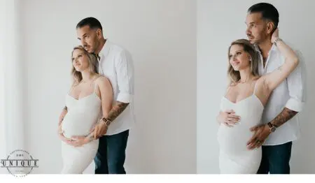 Pregnant woman and man in white clothing.