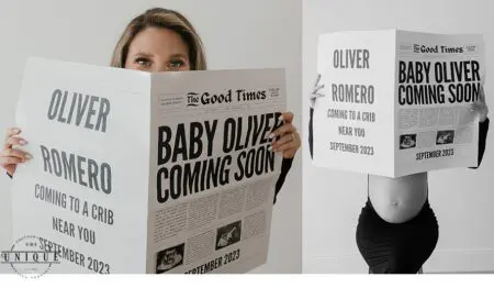 Pregnant woman holding a baby announcement.