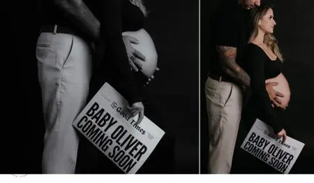 Pregnant couple holding "Baby Oliver Coming Soon" newspaper.