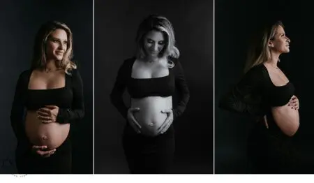 Three portraits of a pregnant woman.