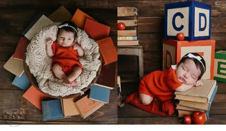 Two babies in red outfits with books.