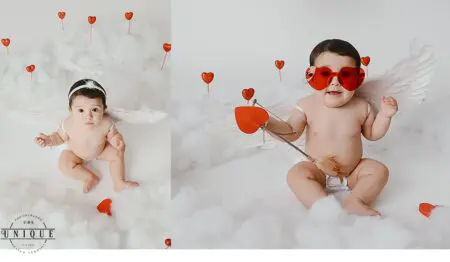 Baby Cupid with wings and arrow.