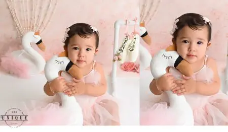 Baby girl in pink tutu holding swan plush.