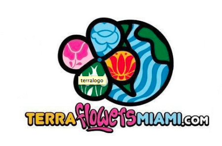 Colorful logo featuring a stylized turtle with earth and floral patterns on its shell, above the text "terra flowers miami.com.